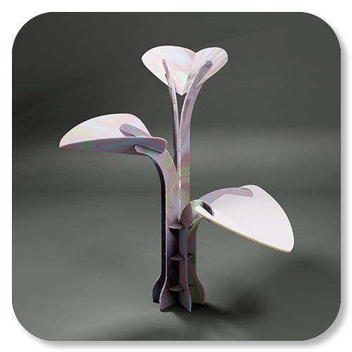 Sculpture of abstract white flowers with elongated petals on a dark gray background.