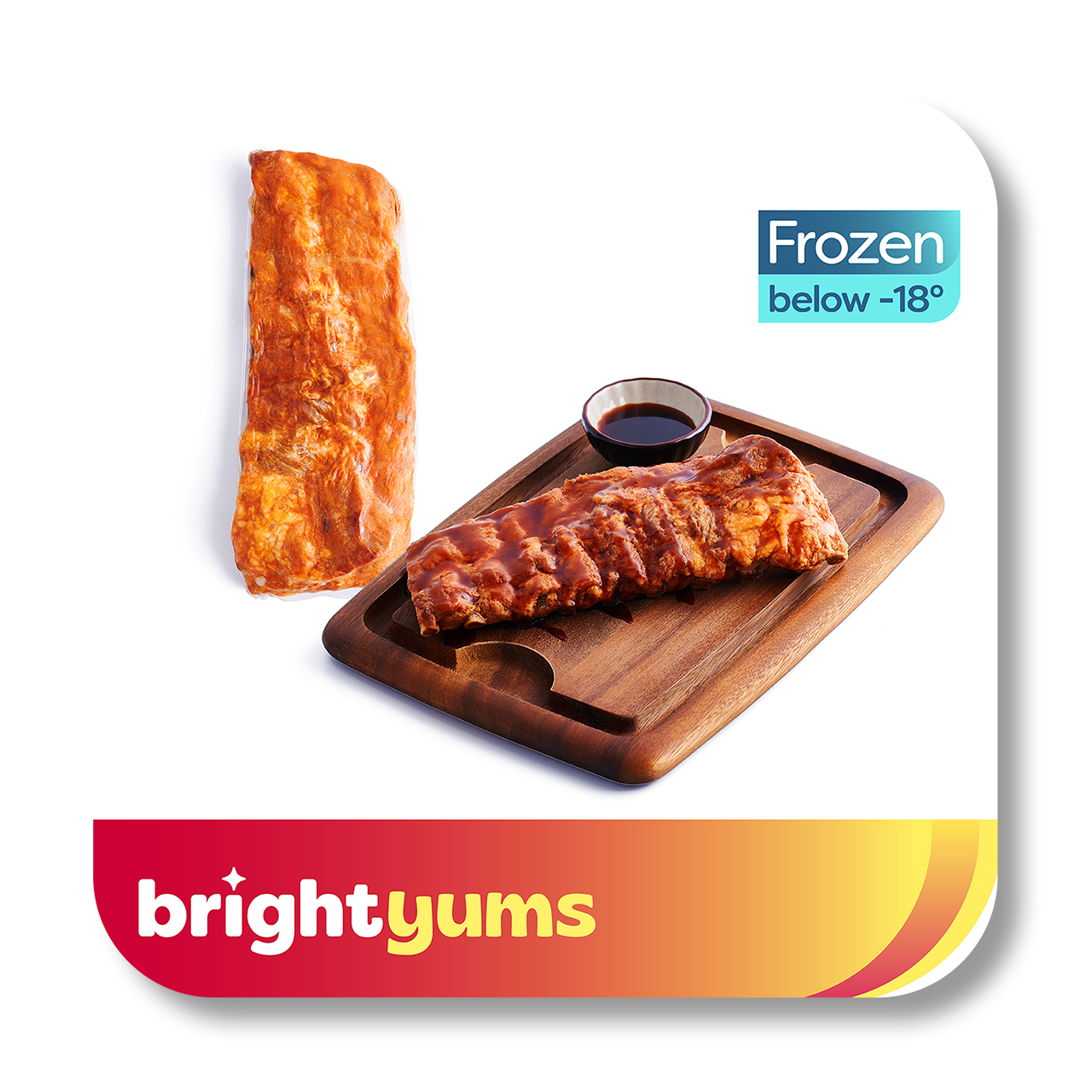 Frozen barbecue ribs and chicken wings on a wooden cutting board with a small bowl of barbecue sauce, branding label 'bright yums', and a mark indicating frozen below minus 18 degrees Celsius.