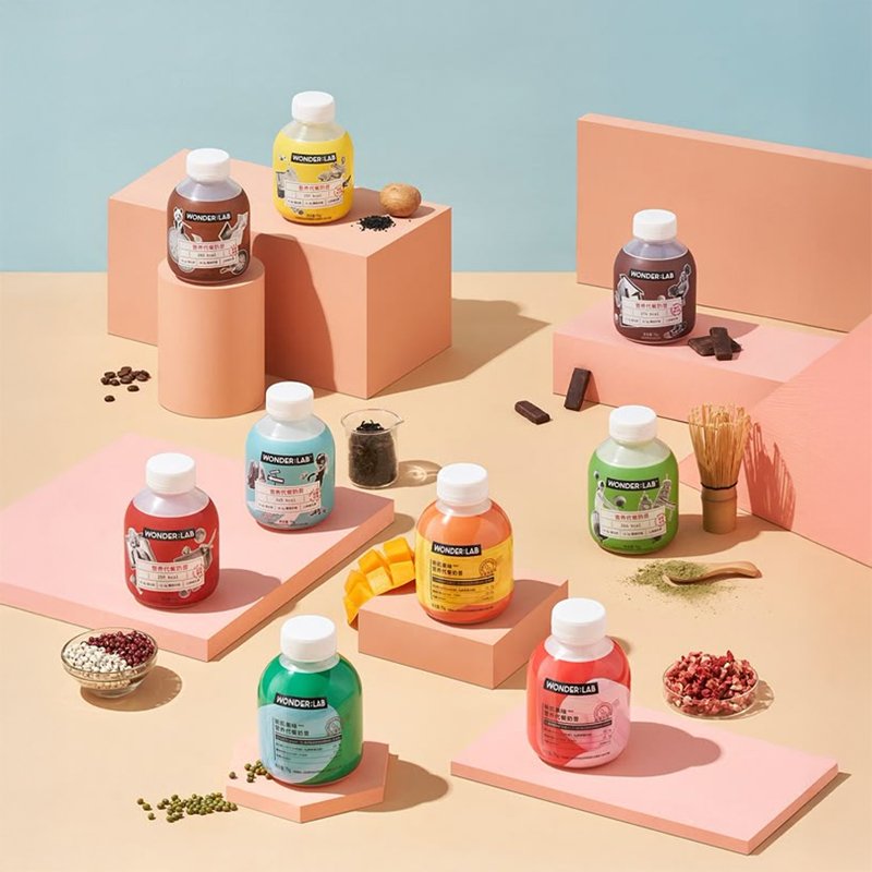 Assorted bottles of Wonder Lab supplements on pastel display platforms with various spices and ingredients around them, set against a pastel background.