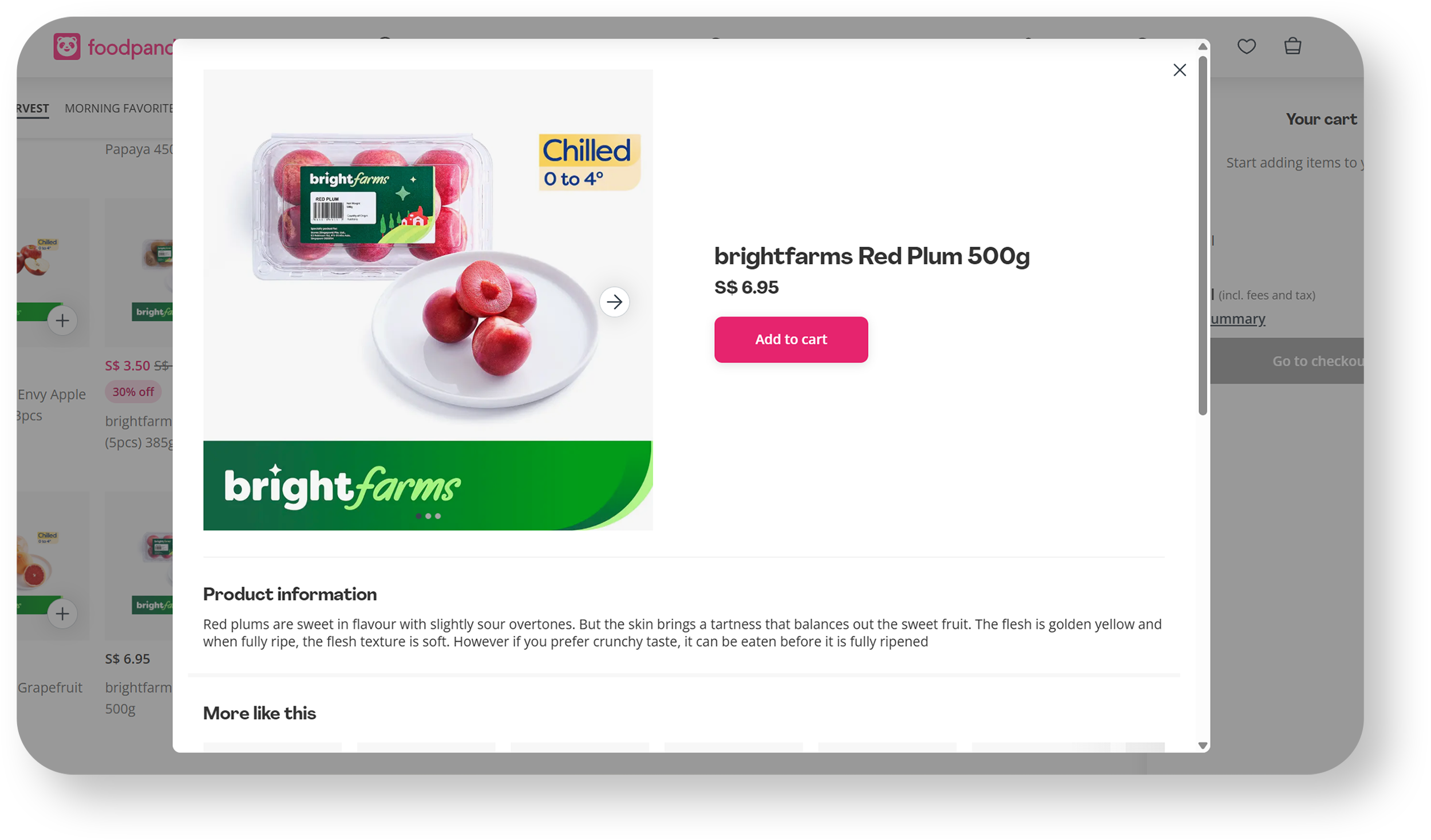 Package of brightfarms Red Plums, 500 grams, with some plums peeled and placed on a white plate, and a label indicating they are chilled and suitable for 0 to 4 degrees Celsius.