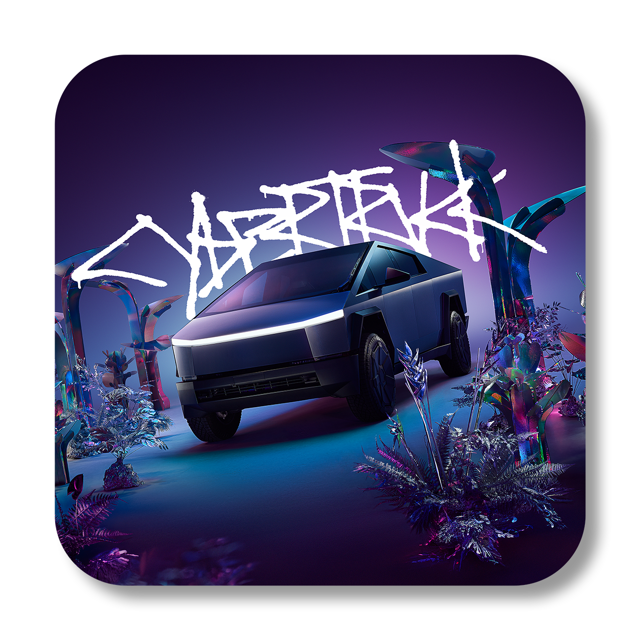 A futuristic, sleek black car on a colorful, glowing background with plants and a neon sign that reads 'CYBERTRUCK'.