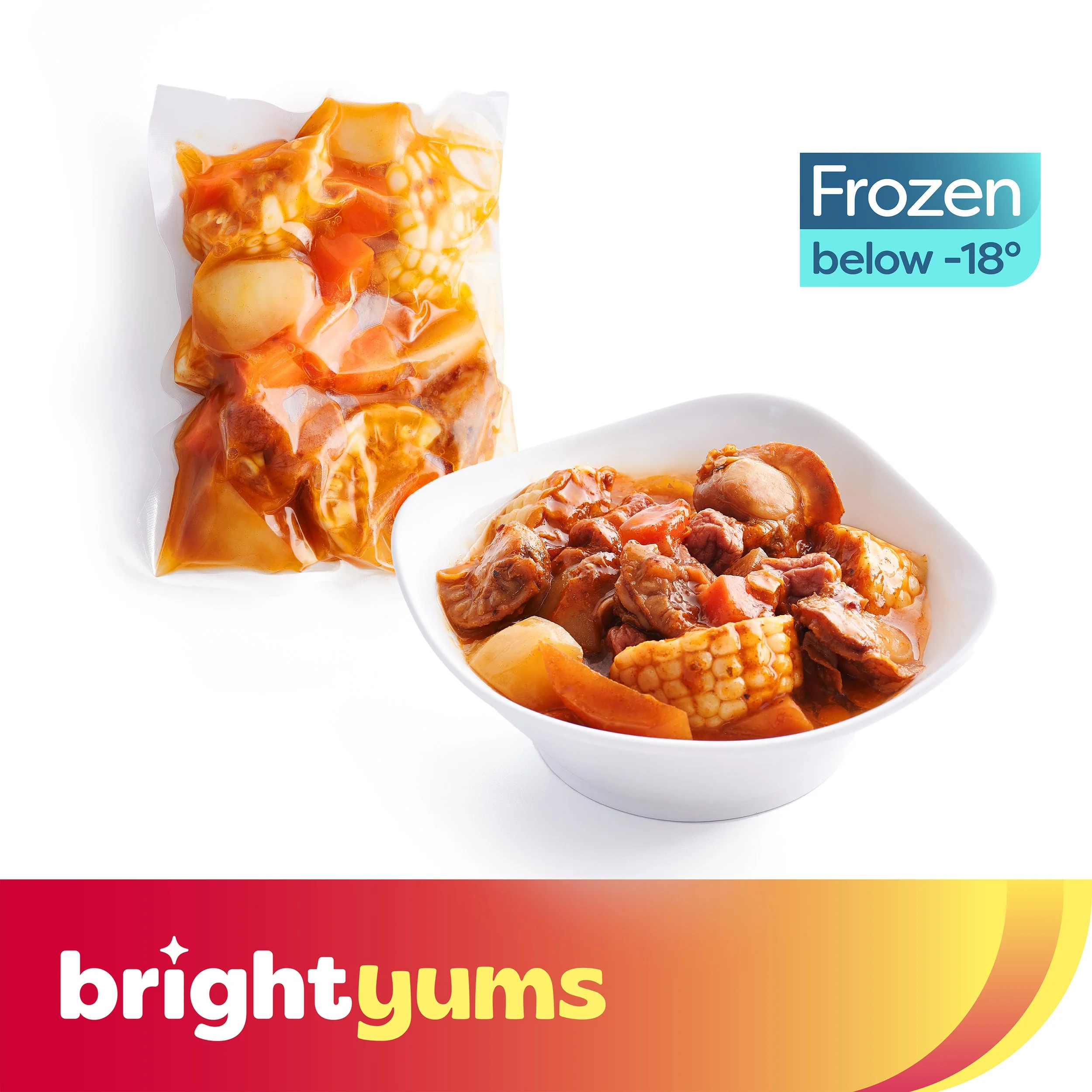Frozen beef stew with vegetables in a bowl and packaged frozen stew beside it.
