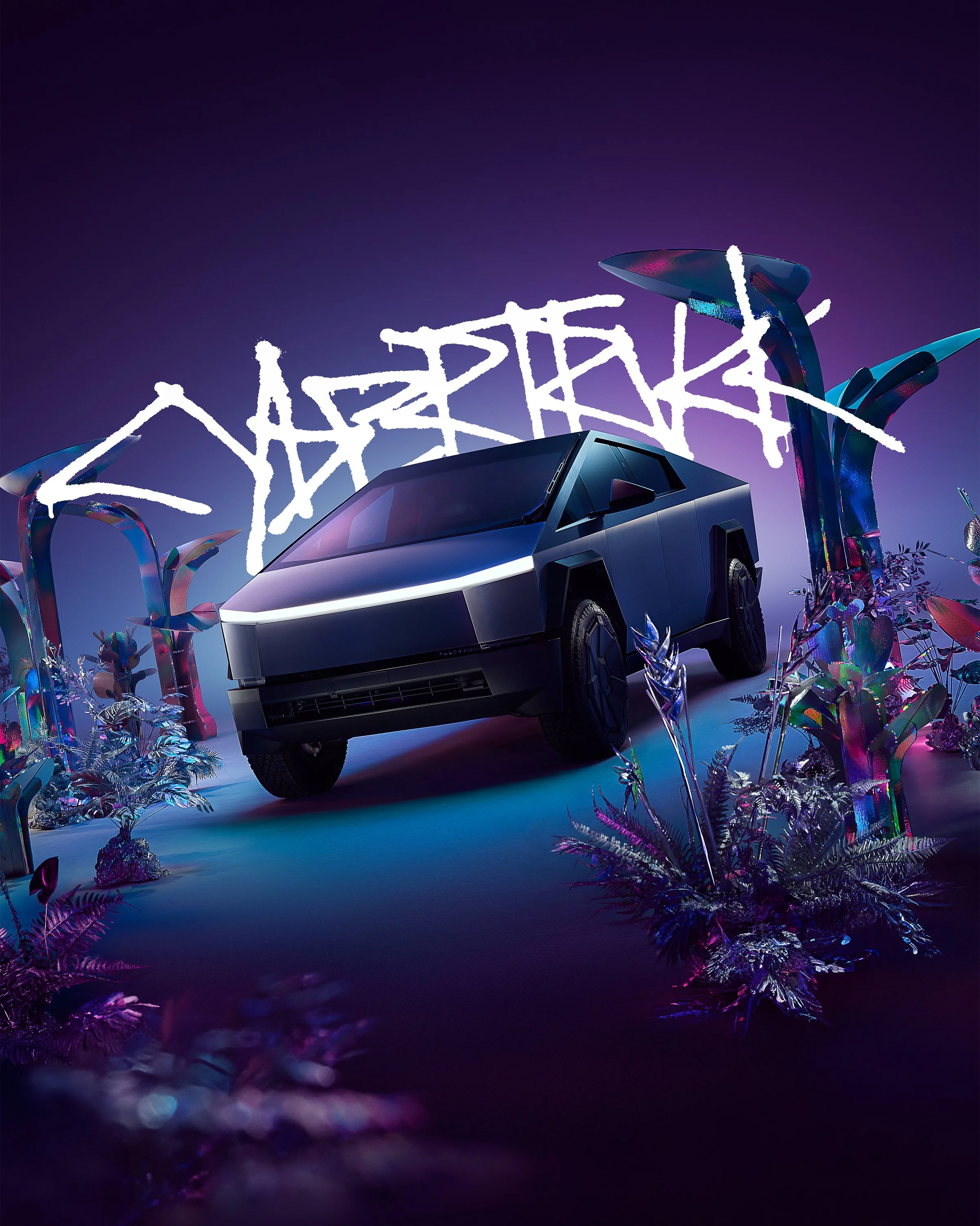 A black futuristic car surrounded by colorful fantasy plants under a dark purple sky with neon signs in the background.