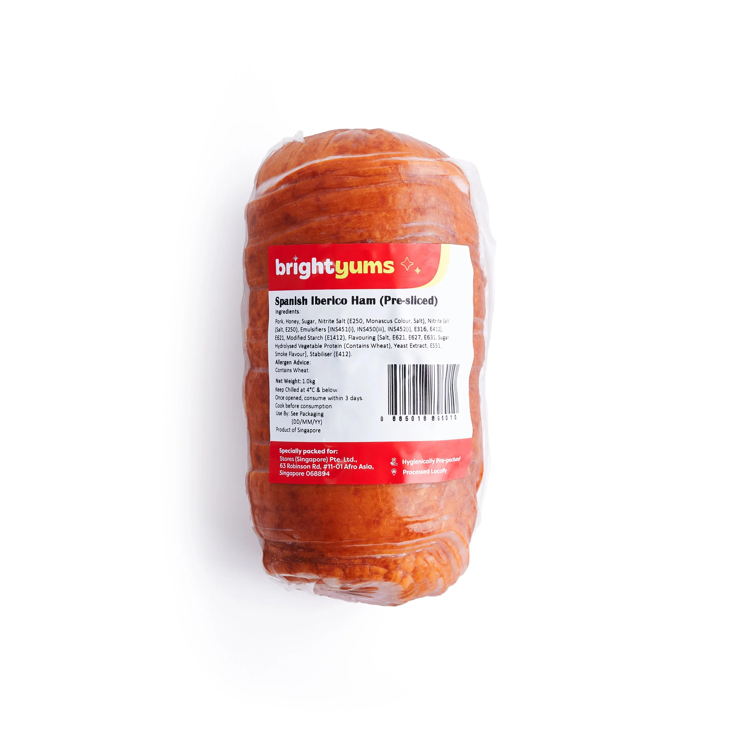 Pre-sliced Spanish Iberico ham packaged by Bright Yums with a red and white label, visible barcode, and vacuum-sealed transparent packaging.