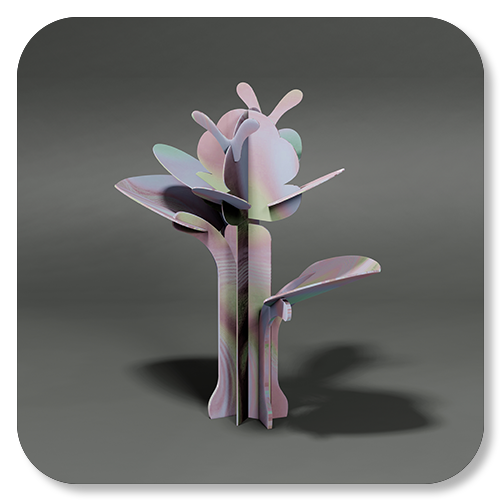 3D abstract flower sculpture with pastel colors and reflective surfaces.