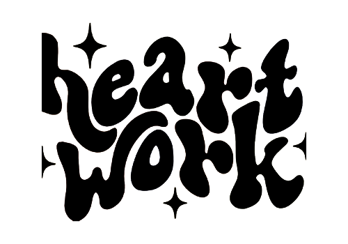 Stylized text reading 'heart work' with decorative stars.
