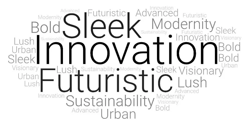 A word cloud featuring words like 'Sleek,' 'Innovation,' 'Futuristic,' 'Modernity,' 'Sustainability,' 'Lush,' and 'Urban' in various sizes and shades of gray.