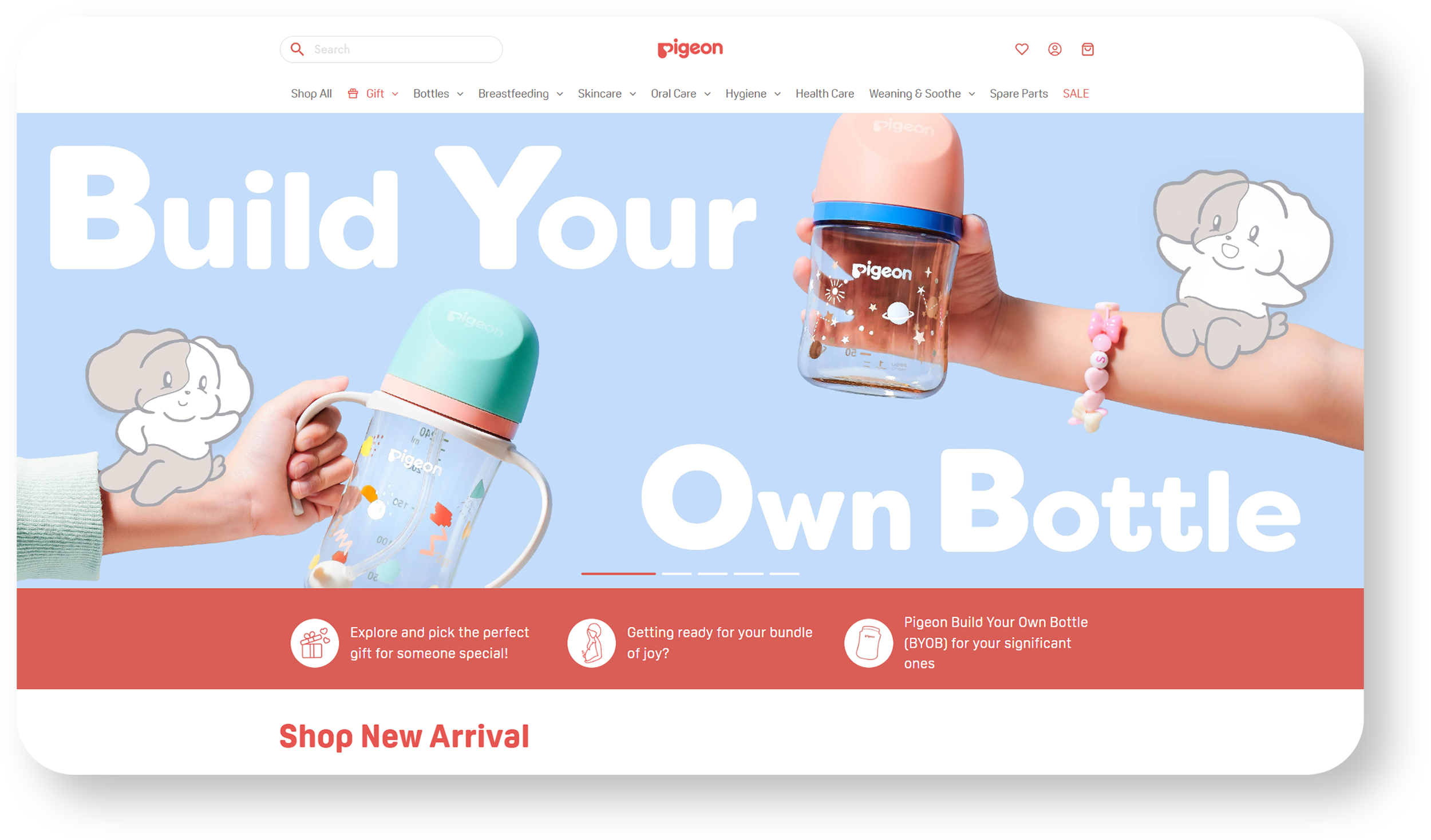 Webpage with a light blue background promoting customizable baby bottles, showing two hands holding different bottles with playful designs, one with a mint cap and the other with a peach cap, surrounded by cartoon puppy drawings and text 'Build Your Own Bottle'.
