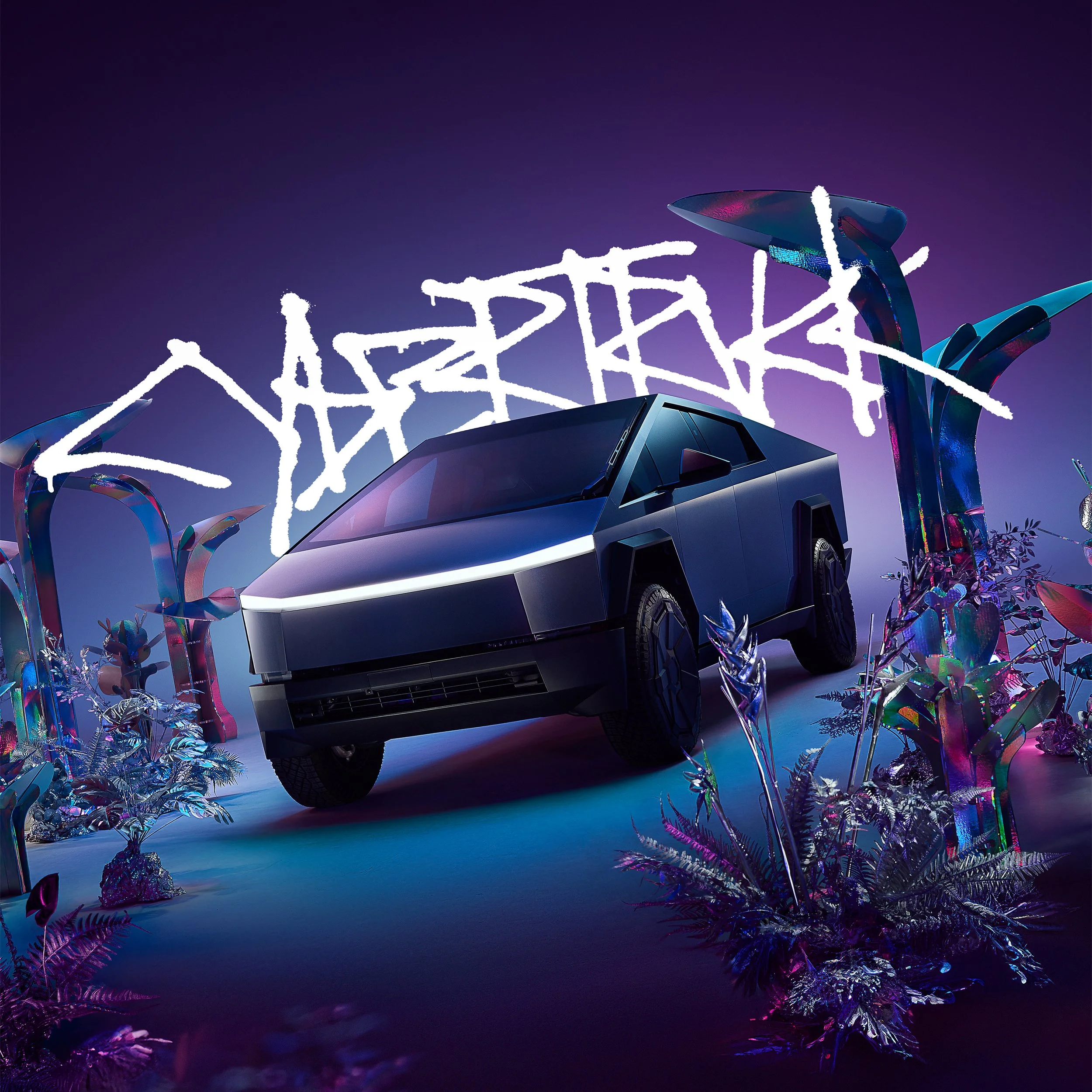 A futuristic black electric vehicle on a vibrant, colorful set with holographic plants and a neon sign in the background.