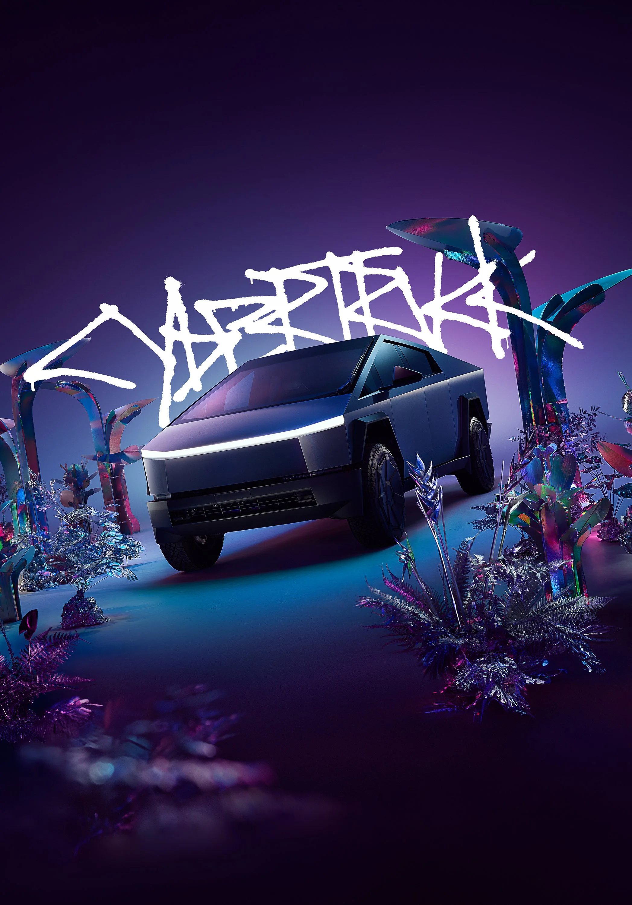 A futuristic black car in a surreal landscape with glowing plants and abstract trees, illuminated by vibrant purple and pink lighting, with stylized white graffiti-style text in the background.
