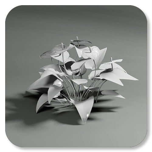 A monochrome paper sculpture of a flower arrangement with leaves and stems.