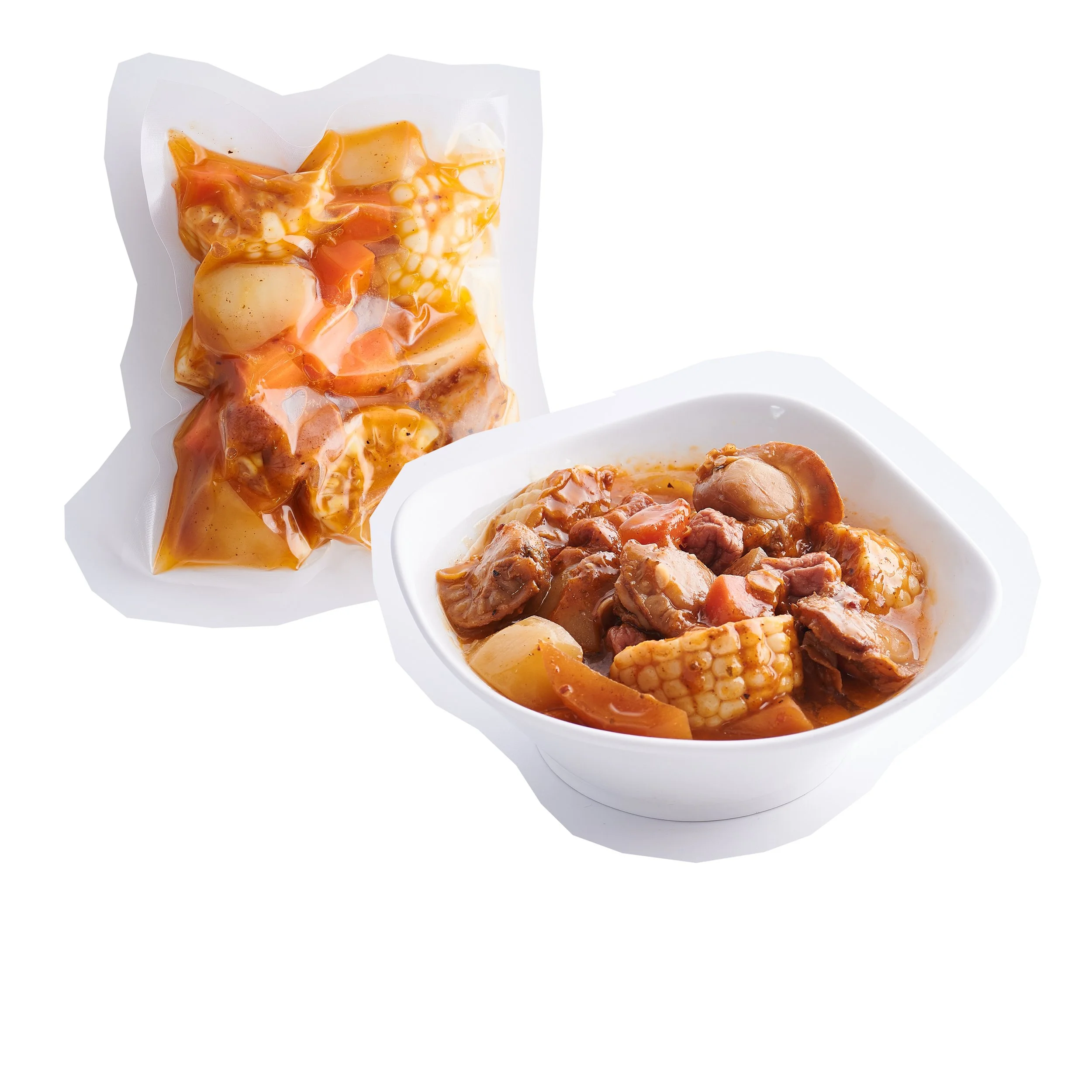 A bowl and a plastic bag filled with beef stew, containing chunks of beef, potatoes, carrots, and corn in a thick gravy.