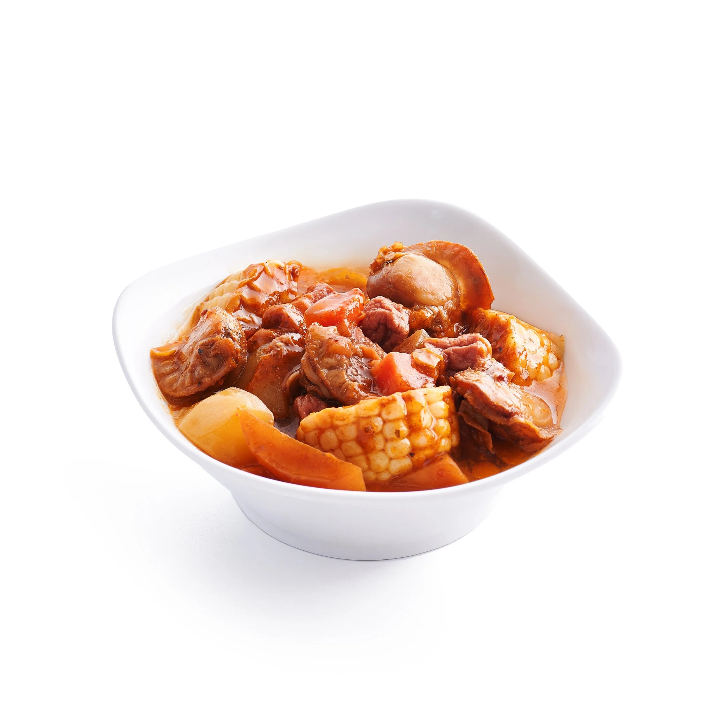 A white bowl filled with beef stew containing chunks of beef, carrots, potatoes, corn on the cob pieces, and mushrooms in a broth.