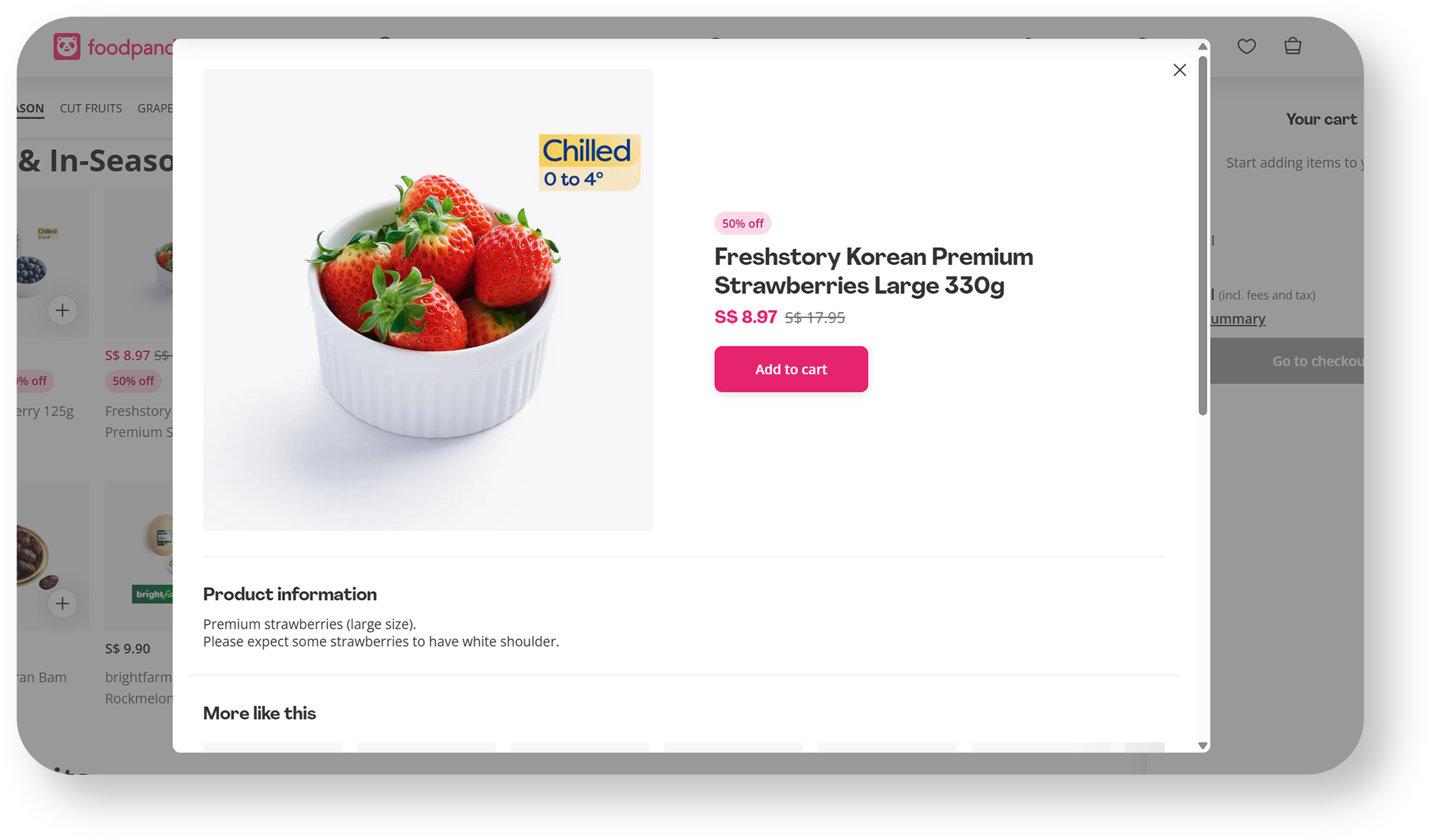A white bowl filled with red strawberries with green leaves. The strawberries are fresh and large. There is a label indicating the strawberries are chilled and suitable for 0 to 4 degrees Celsius. Next to the bowl, there is text showing the product is Freshstory Korean Premium Strawberries, 330 grams, priced at $8.97, discounted from $17.95, with an 'Add to cart' button.