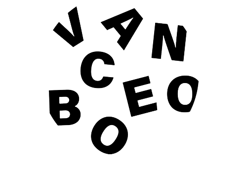 Black background with white outlined letters spelling V, A, N, C, O, B, E, and O arranged randomly.