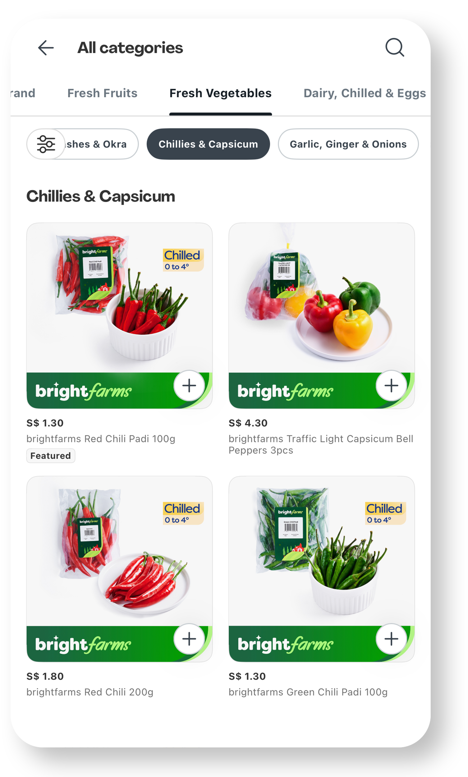 Screen showing various fresh chilies and capsicum, including red chili Padi, traffic light capsicum, red chili, and green chili, all from Bright Farms.