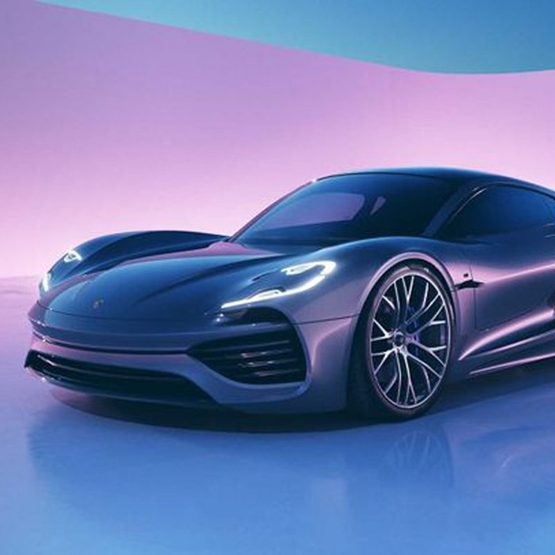 A sleek, dark-colored sports car in a studio with colorful lighting effects.