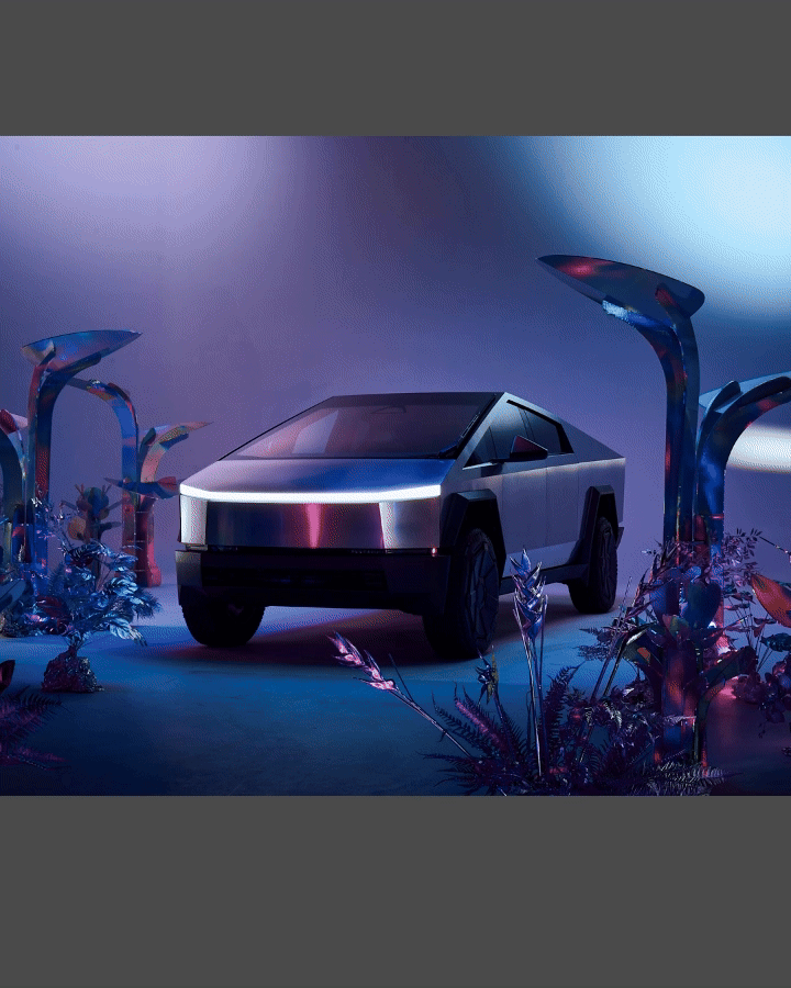 A futuristic, sleek car with a metallic finish is displayed among colorful, metallic plants under purple and blue lighting. The setting has a high-tech, sci-fi ambiance.