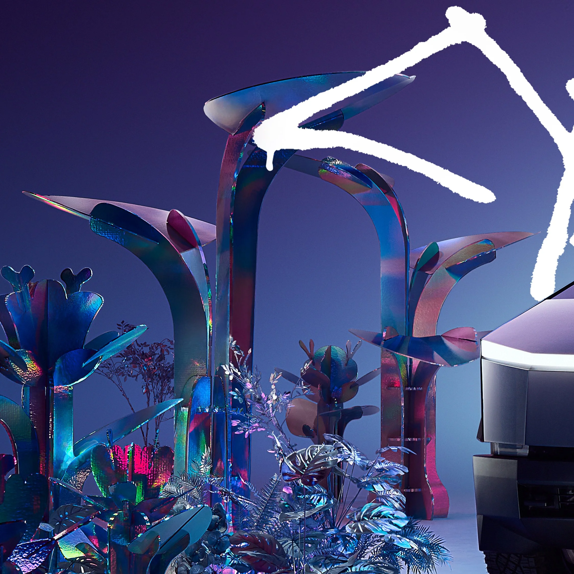 Colorful, metallic plant sculptures with iridescent surfaces, set against a dark background.