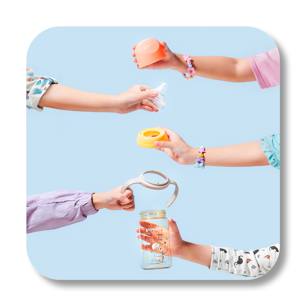 Five children's hands holding various baby bottles and accessories against a light blue background.