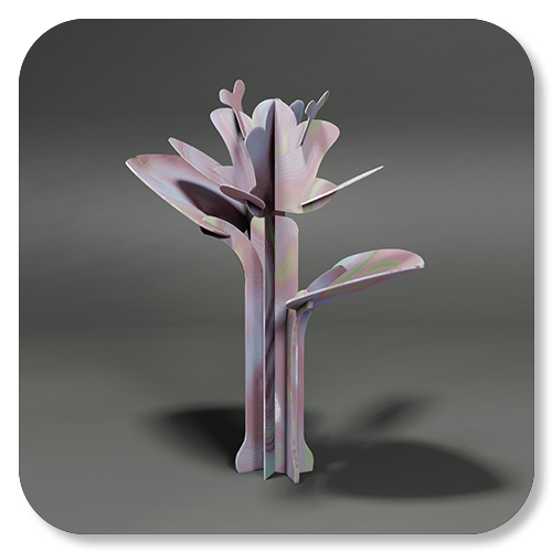 Sculpture resembling a flower with pastel colors and abstract petal shapes on a gray background.