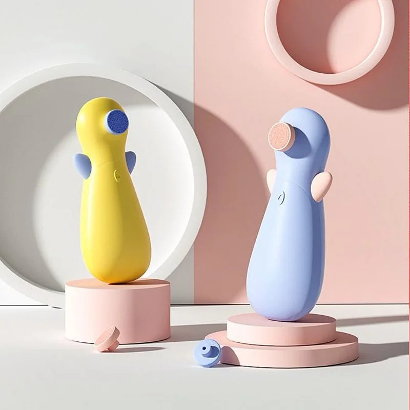 Colorful wireless earbuds and charging cases on pink and white platforms against a pink and white backdrop.