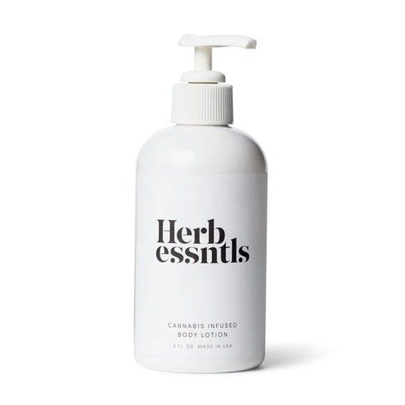 White bottle of Herb Essentials cannabis-infused body lotion with pump dispenser