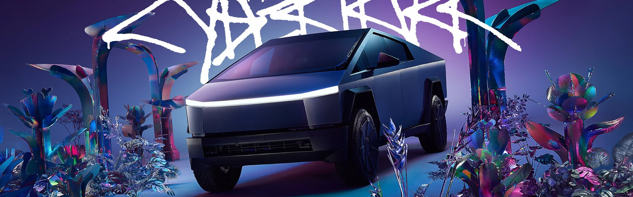 A futuristic, sleek black concept SUV surrounded by colorful, shiny plants and illuminated with neon lights in a vibrant, surreal environment.