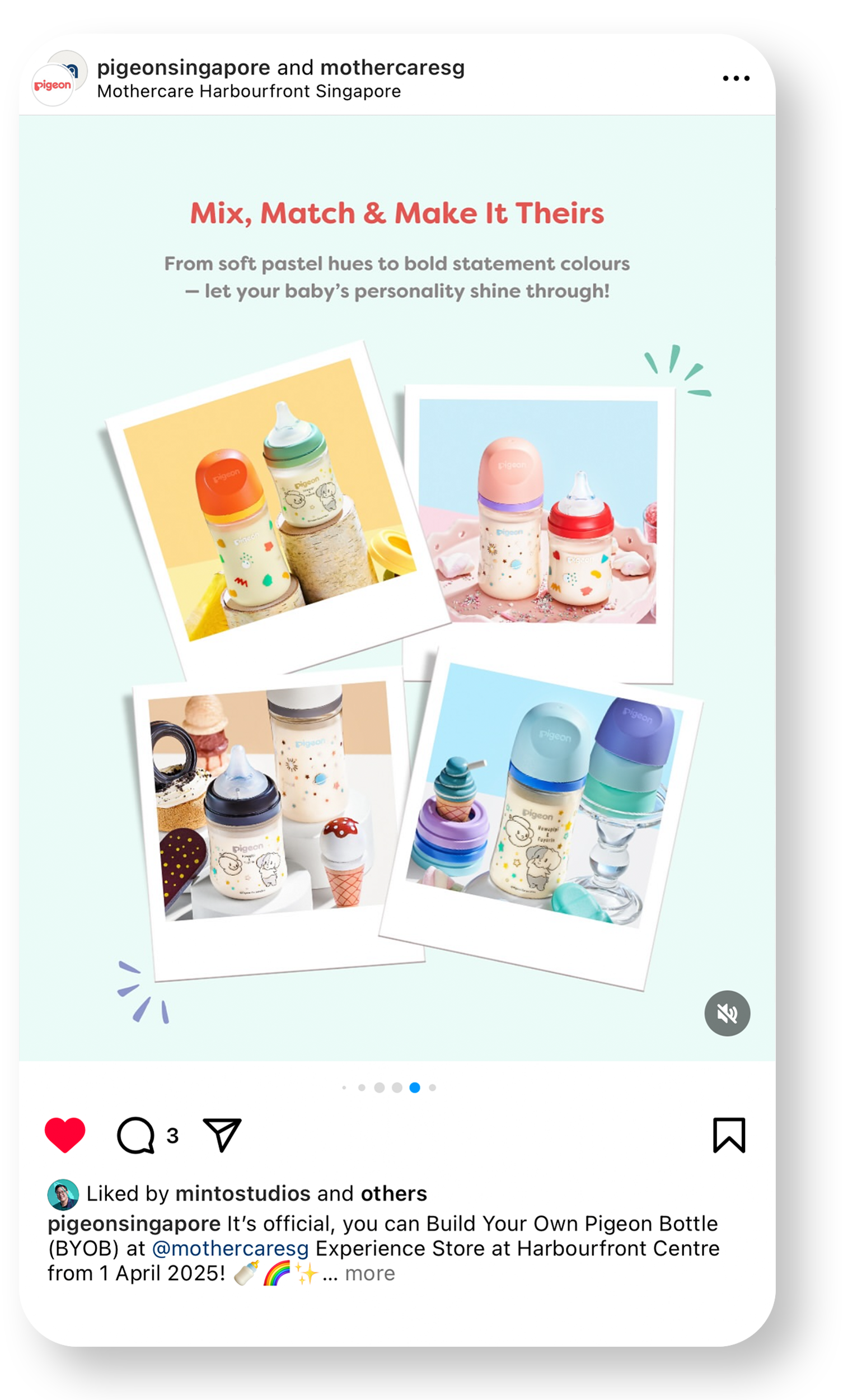 Image of promotional poster for build your own pigeon bottles at Mothercare Harbourfront Singapore, showing various colorful baby bottles with pastel and bold colors, decorated with playful designs and placed on pastel backgrounds.