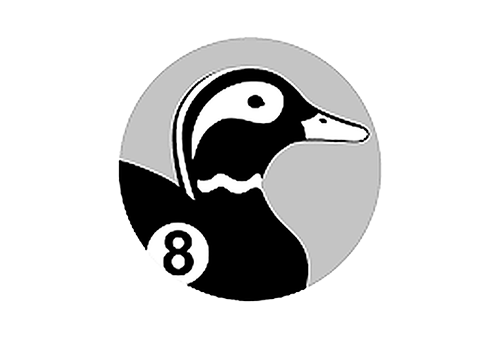 A black and white logo featuring a duck's head and the number 8 inside a circle.
