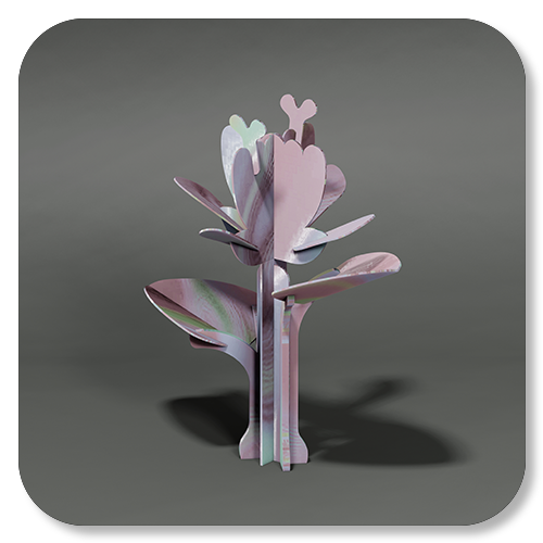 Pink and purple paper origami cactus with heart and spade shapes on top, casting a shadow on a gray background.