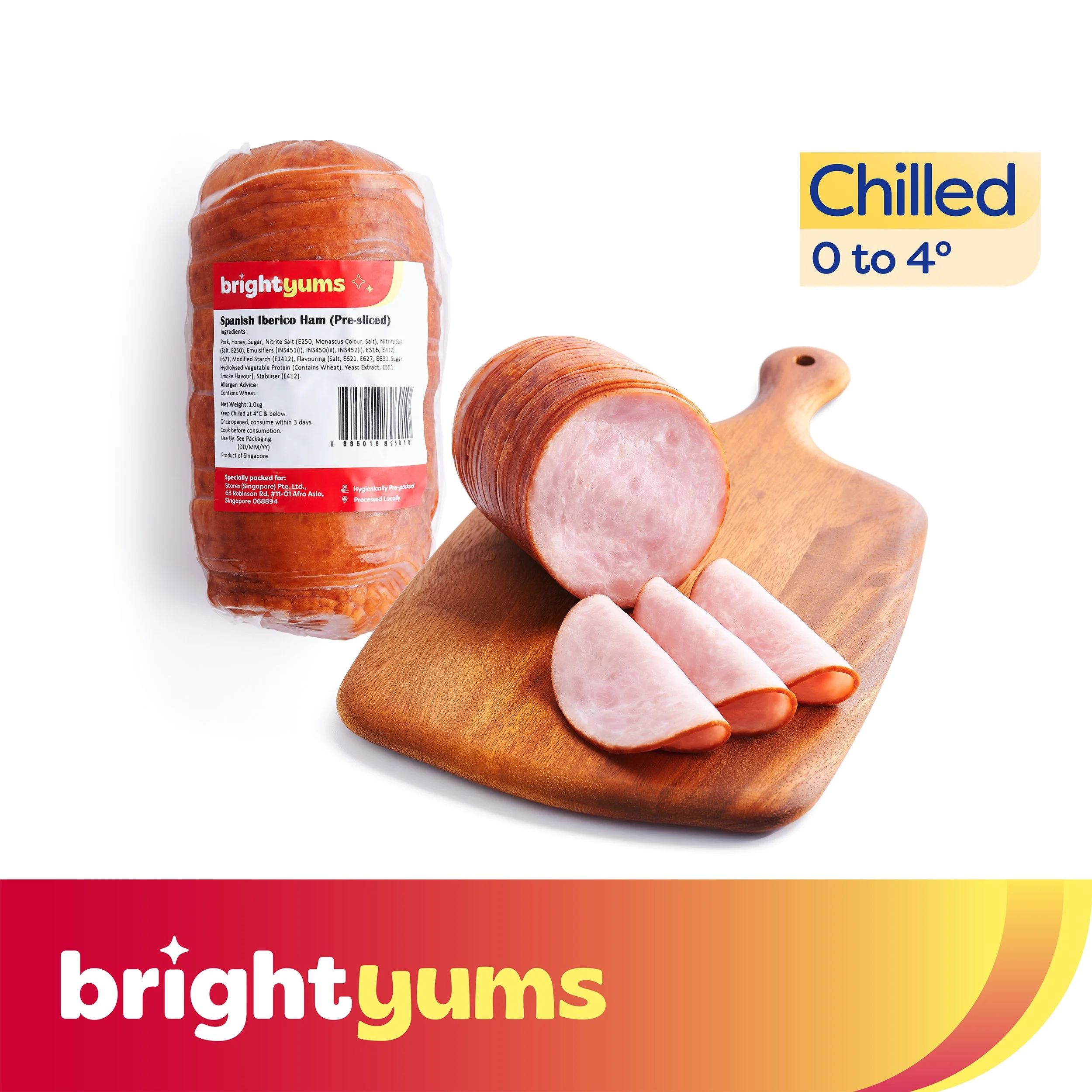 Vacuum-sealed package of Spanish Iberico ham on a white background, with sliced ham on a wooden cutting board, and a label indicating it is chilled, 0 to 4 degrees Celsius.