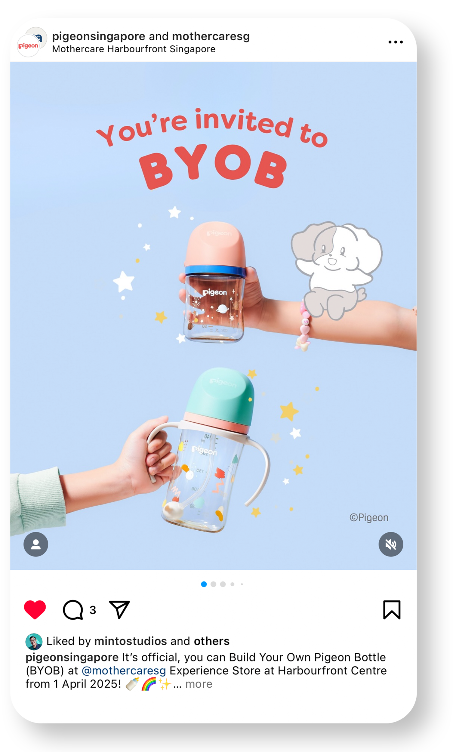 Instagram post advertising Build Your Own Pigeon Bottles (BYOB) available at Mothercare Singapore starting April 1, 2025. The image shows two colorful baby bottles, one pink and one mint green, held by children, against a light blue background with stars and a cartoon puppy illustration. The text says "You’re invited to BYOB."