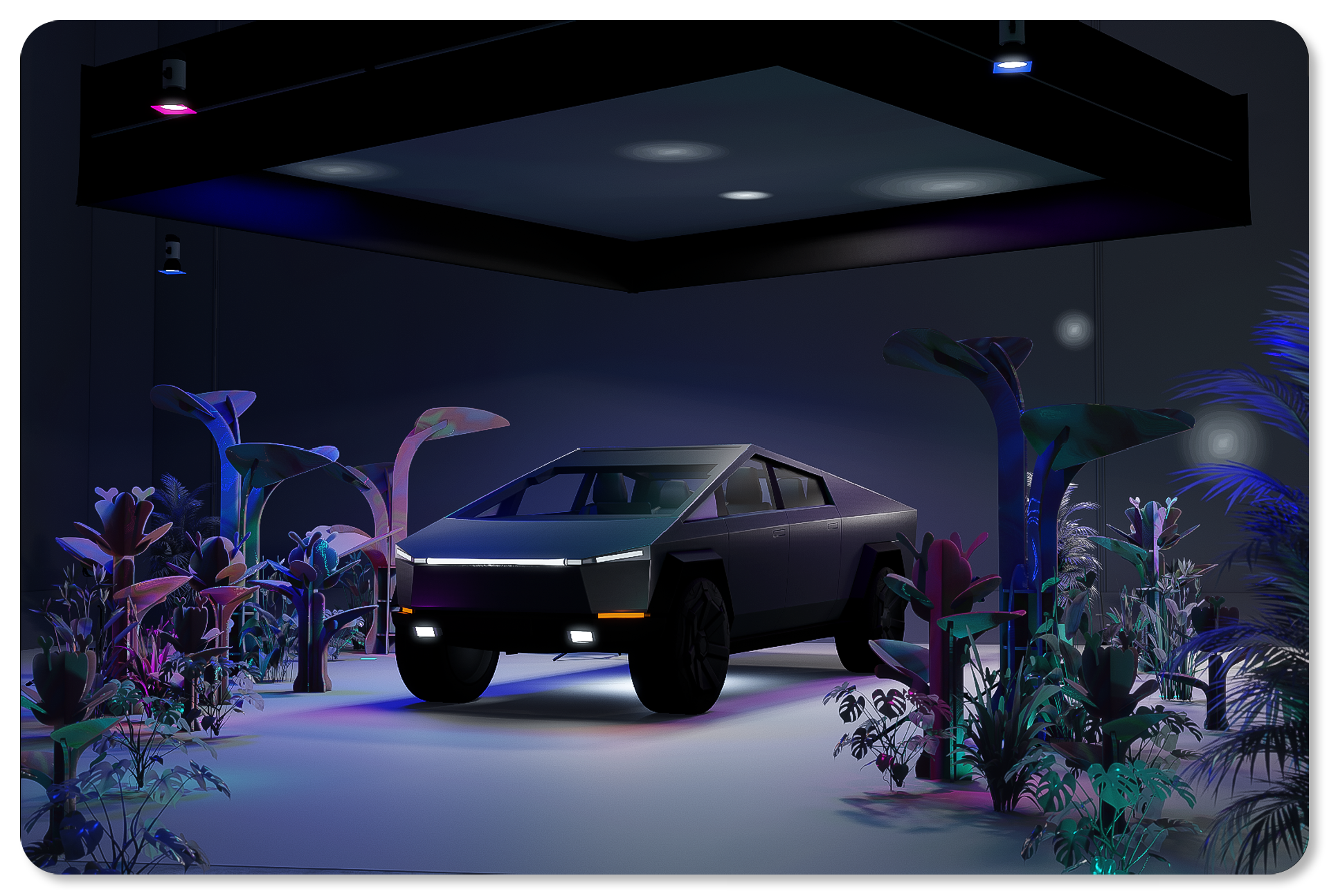 A futuristic black concept vehicle displayed in a dark, modern showroom with colorful, stylized plants and overhead purple and blue lighting.