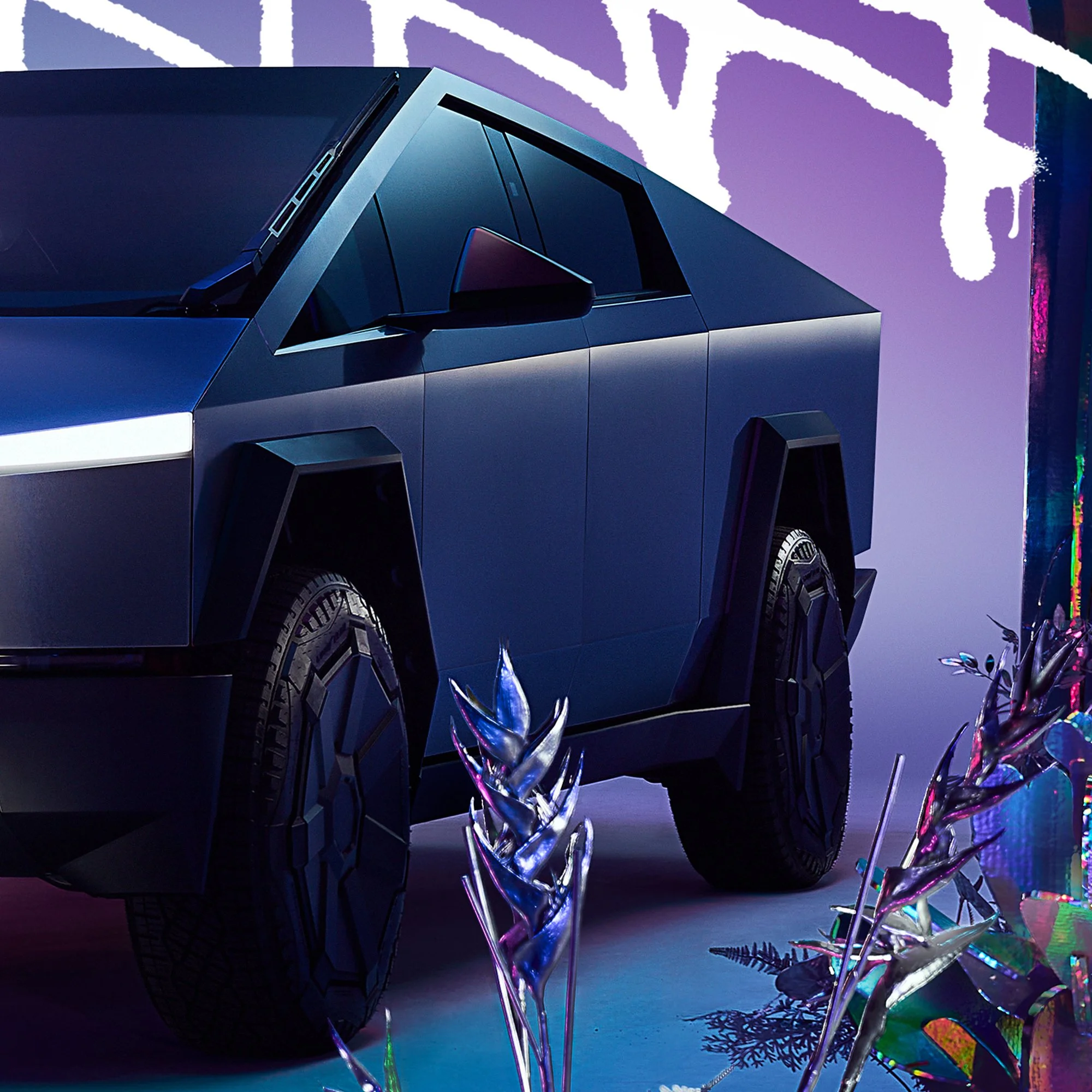 A futuristic blue concept vehicle with angular design and large off-road tires, displayed in a colorful, artistic environment with metallic plants and holographic lighting.