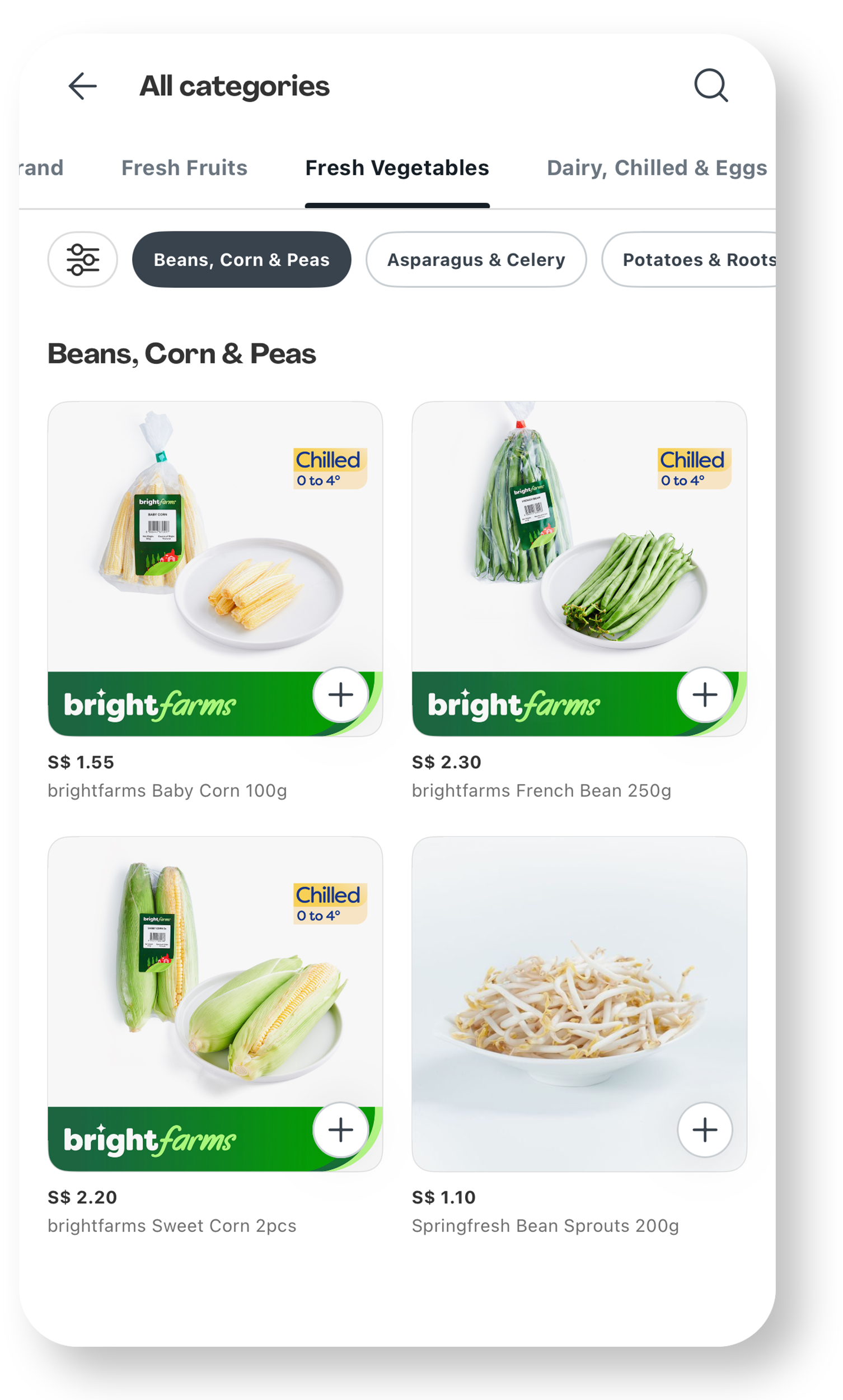 Screenshot of a grocery app showing various fresh vegetables under the 'Beans, Corn & Peas' category, including baby corn, French beans, sweet corn kernels, and bean sprouts.