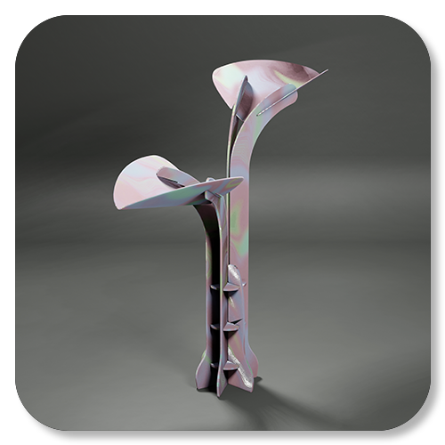 Abstract modern sculpture resembling stylized flowers with elongated petals against a gray background.