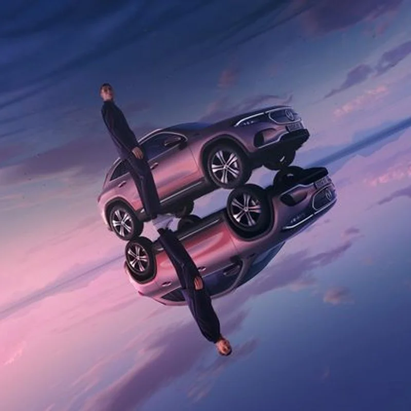 A man stands in front of a car reflected on a reflective surface, creating an upside-down mirror image in a surreal landscape with pastel-colored sky.