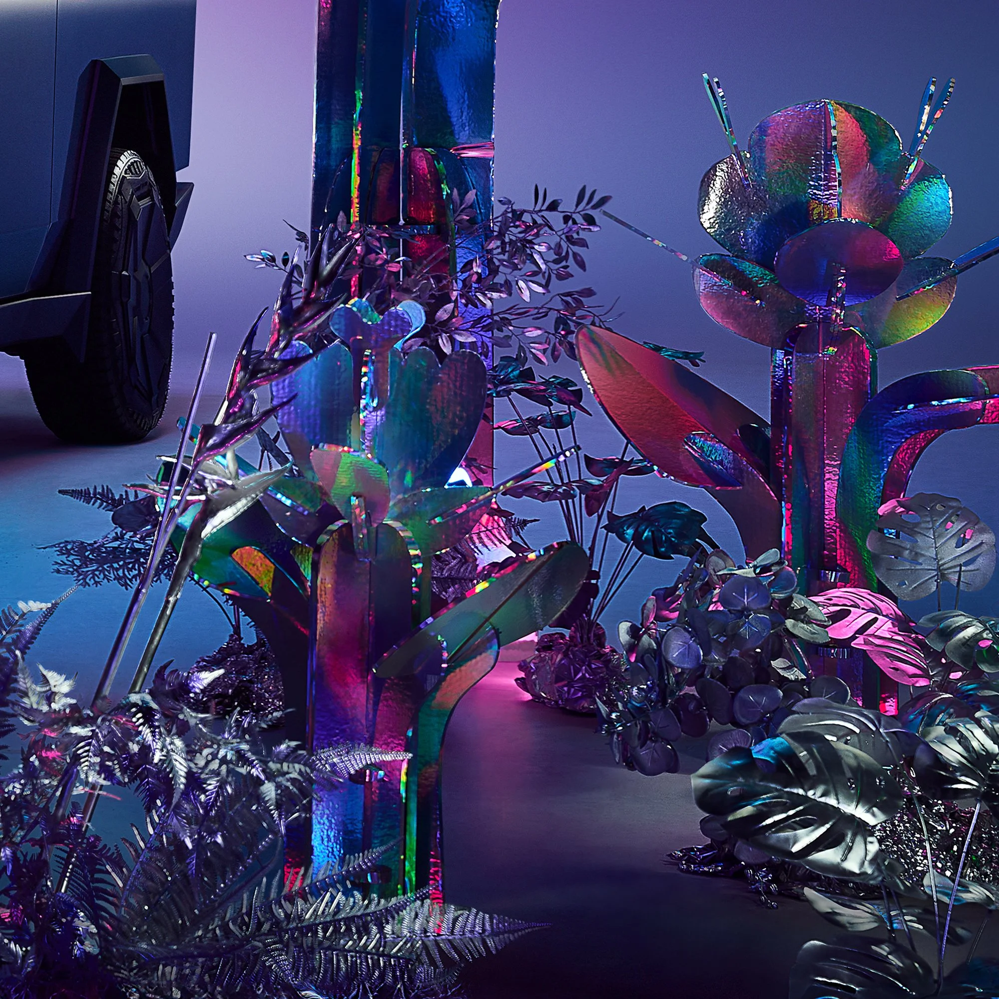 Colorful holographic plants and leaves illuminated in blue and purple light, with a black speaker visible on the left side.