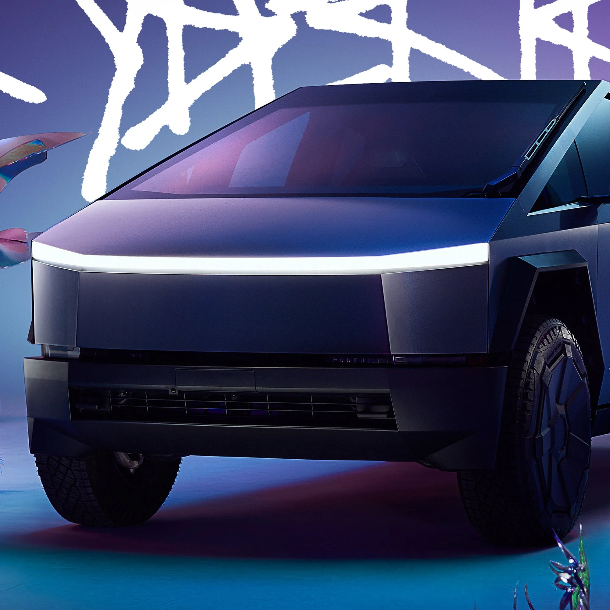 Futuristic dark-colored concept car with sleek, angular design and LED light strip across the front, set against a colorful abstract background.