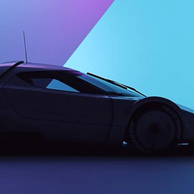 A sleek, futuristic race car illuminated by purple and blue lighting, showcasing a low profile and aerodynamic design.