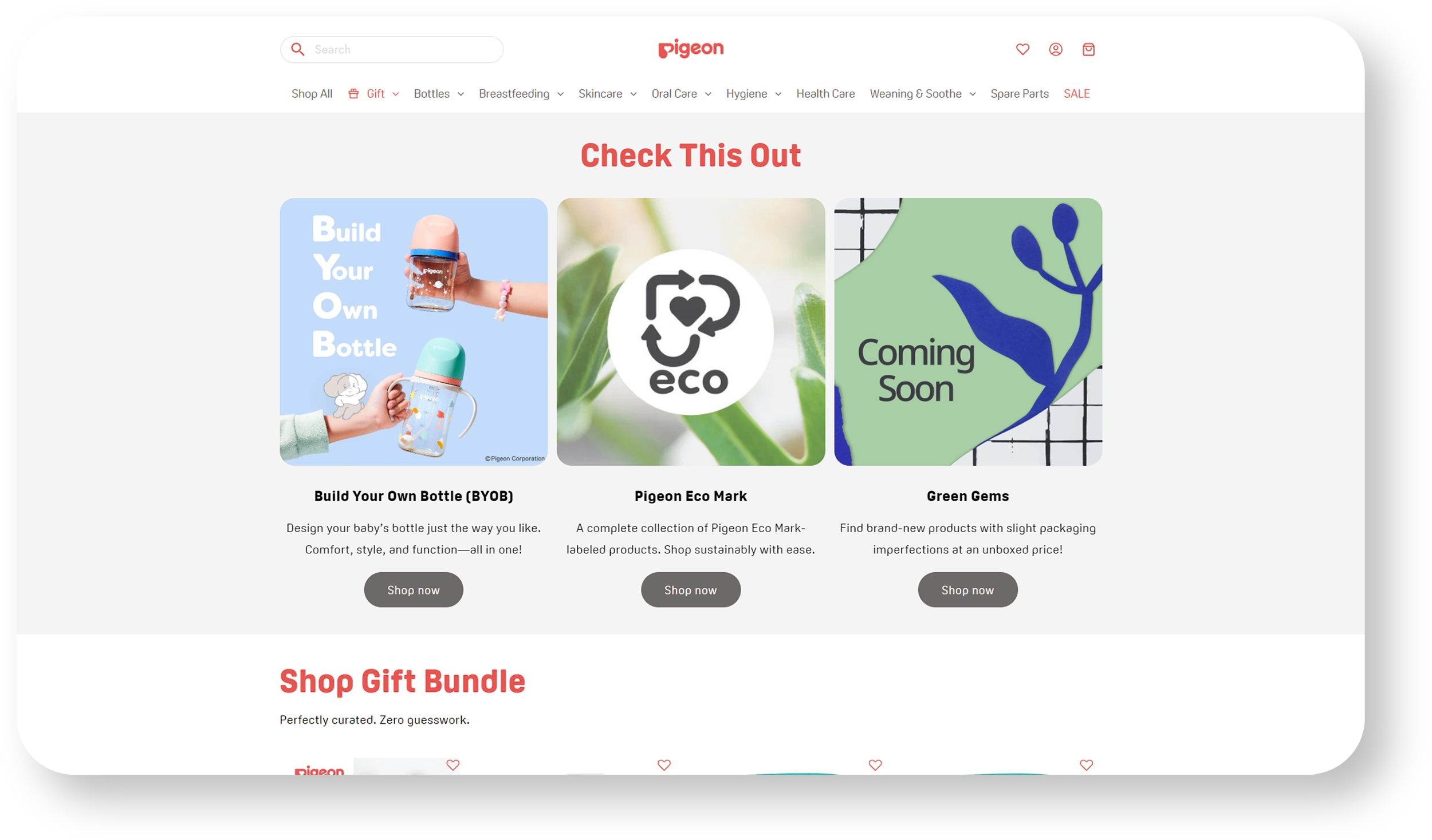 Screenshot of Pigeon baby products website featuring sections on building your own bottle, Pigeon Eco mark, and upcoming Green Gems products.