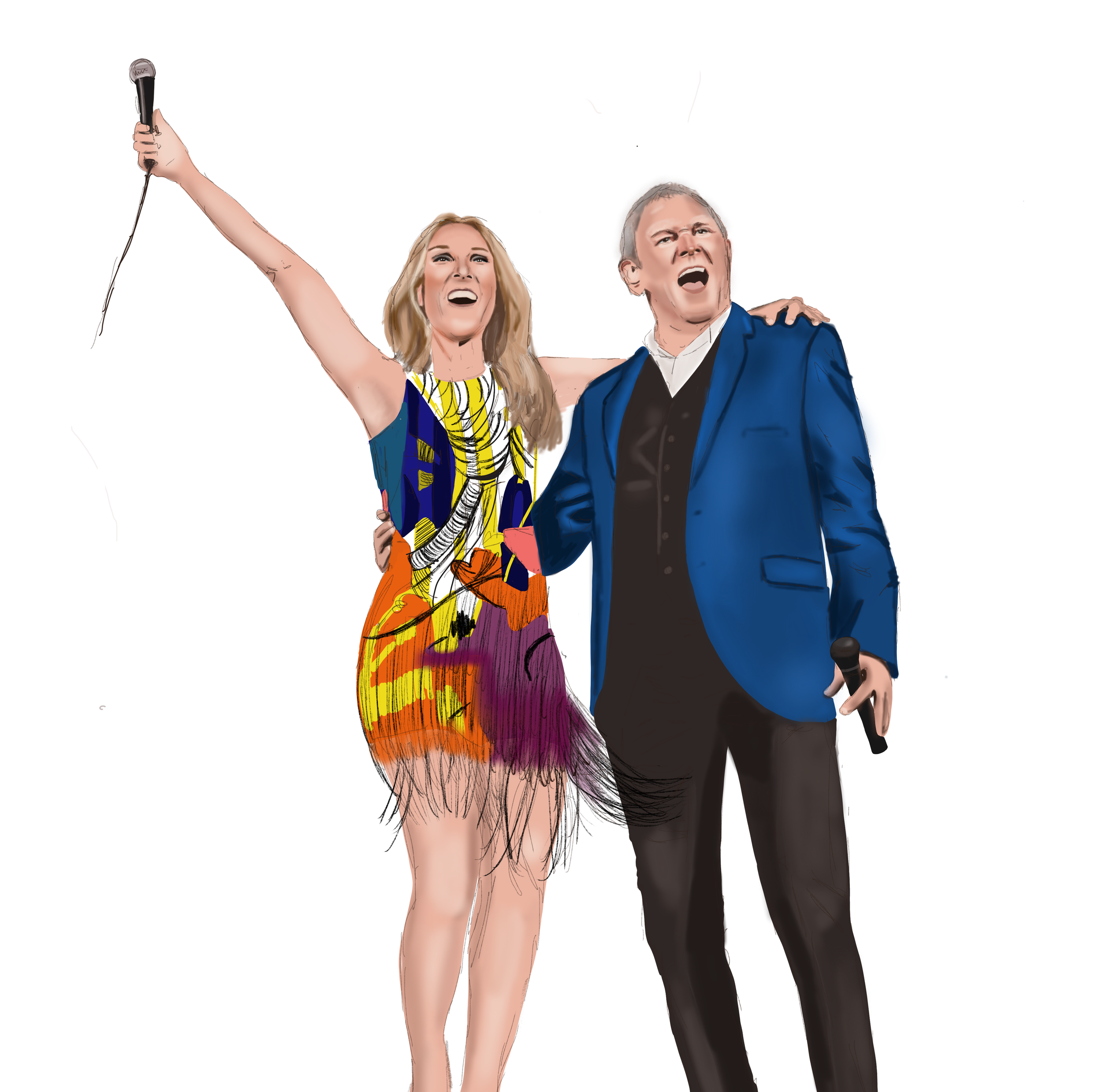 Digital illustration of Celine Dion and John Farnham