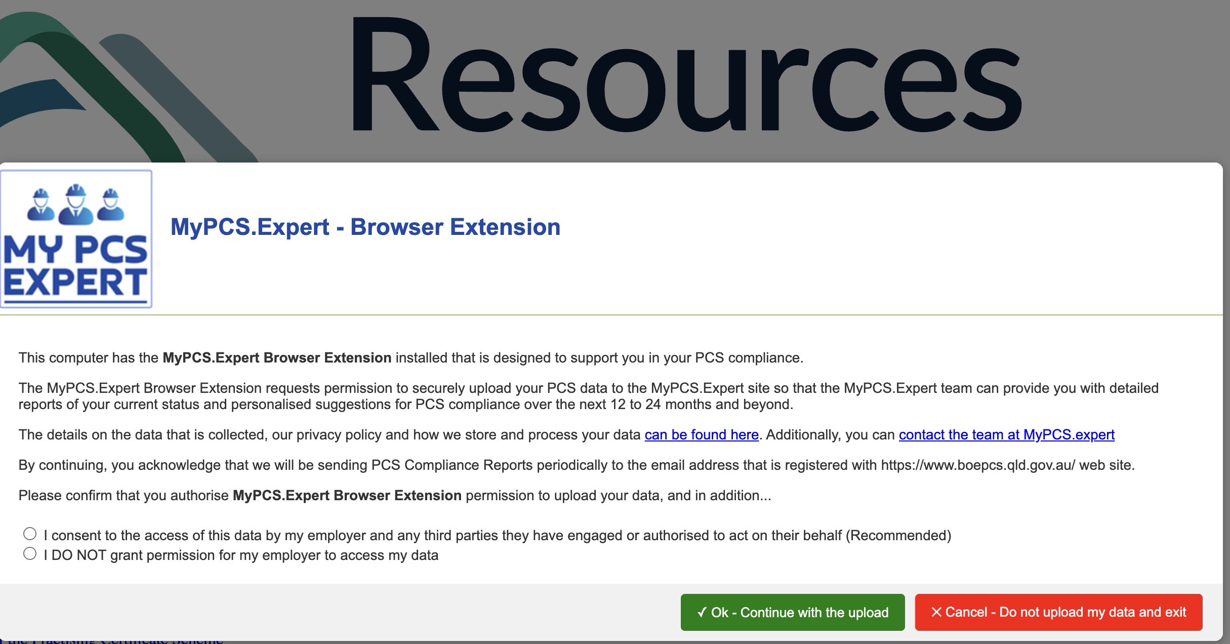 My PCS Expert pop up screen