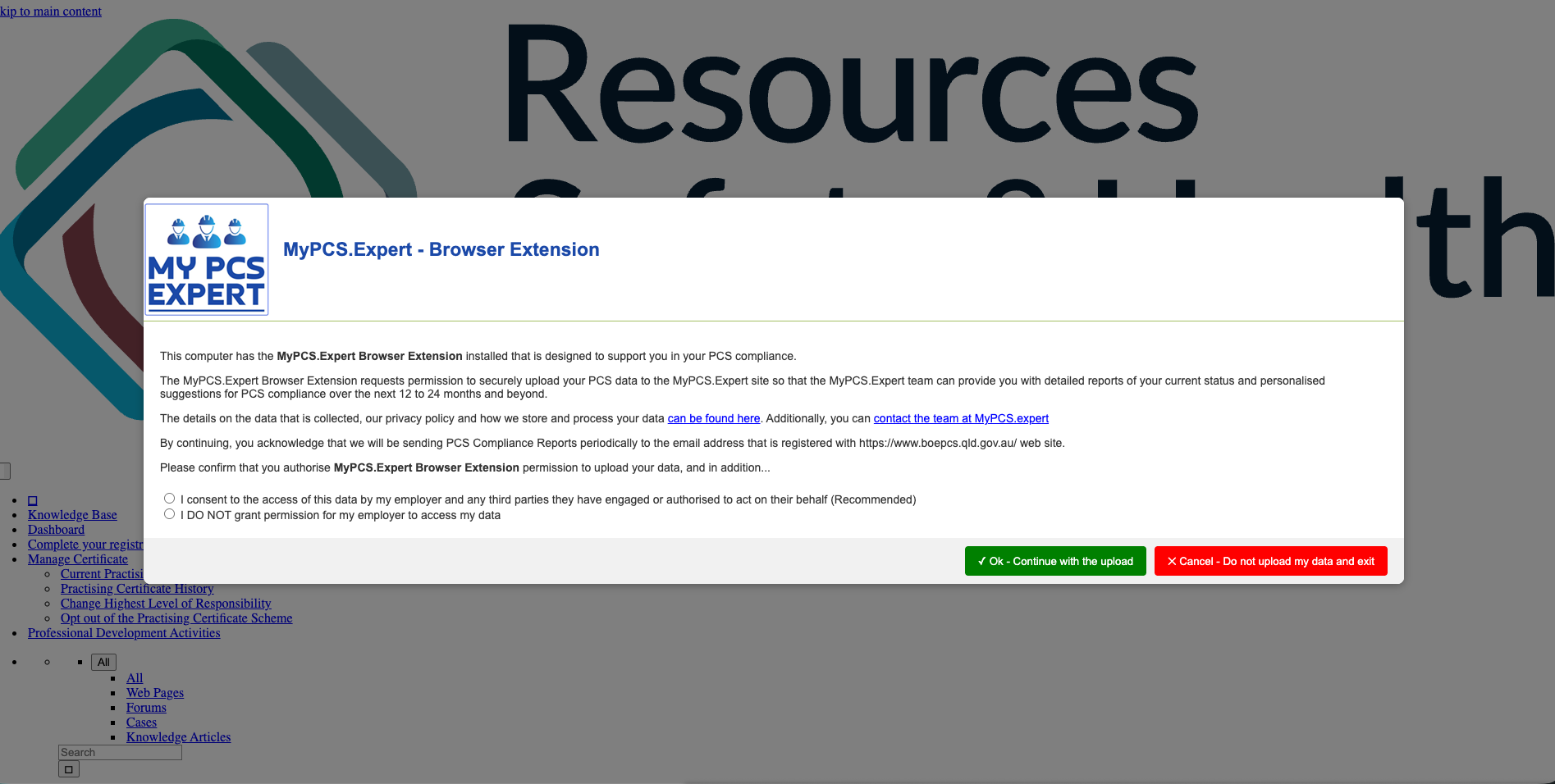 My PCS Expert browser extension running on the Board of Examiners site