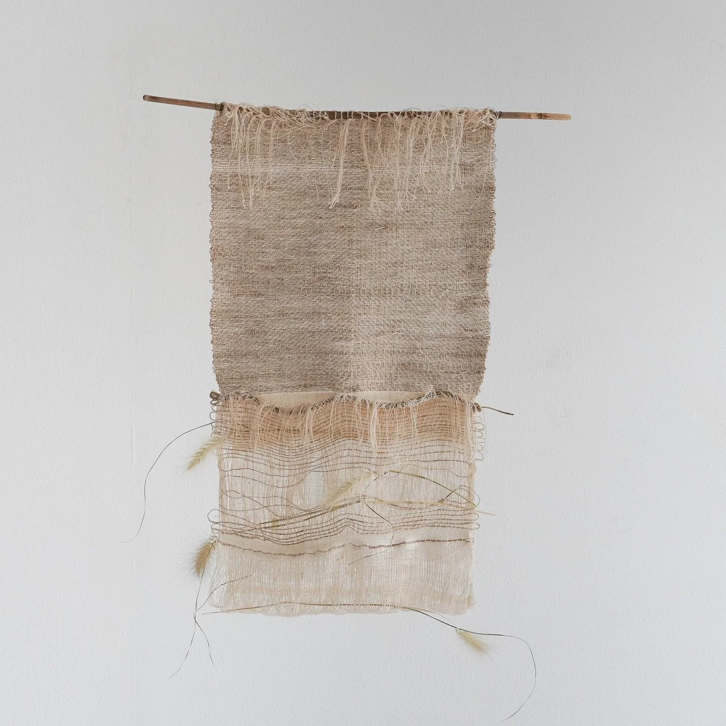 JORD N&AElig;R- Cenchrus 

Handwoven cotton, jute and linen. Cenchrus setaceus plant. 40x65 cm

JORD N&AElig;R is a duo collaboration by Elisabeth Str&oslash;m &amp; Teresa Puig.
They explore the coexistence of organic materials, where strength meets