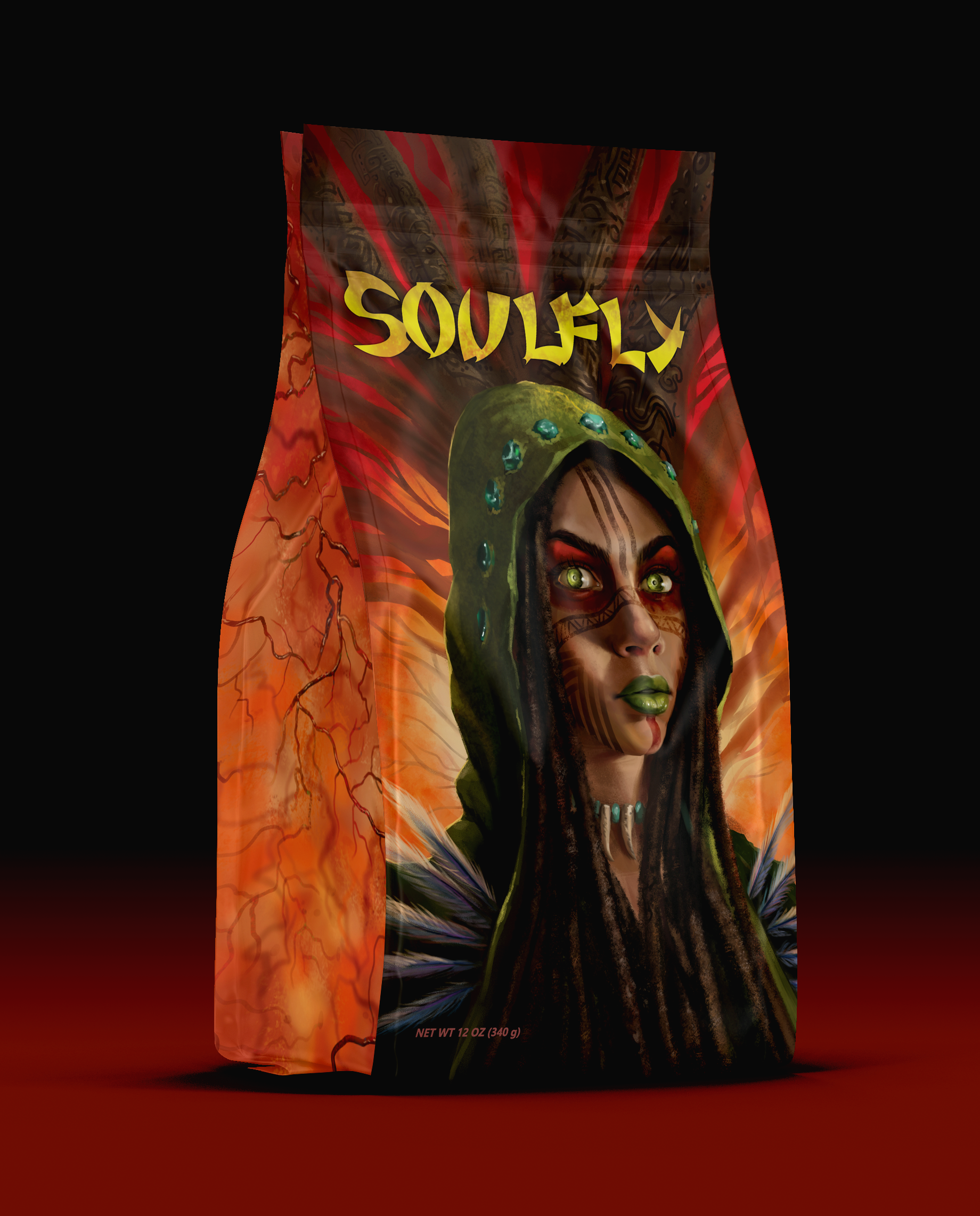 A premium retail packaging concept presenting the complete front design of the Soulfly Healer package. The visual identity combines original illustration and production-ready packaging to create a cohesive product inspired by Indigenous cultures and 