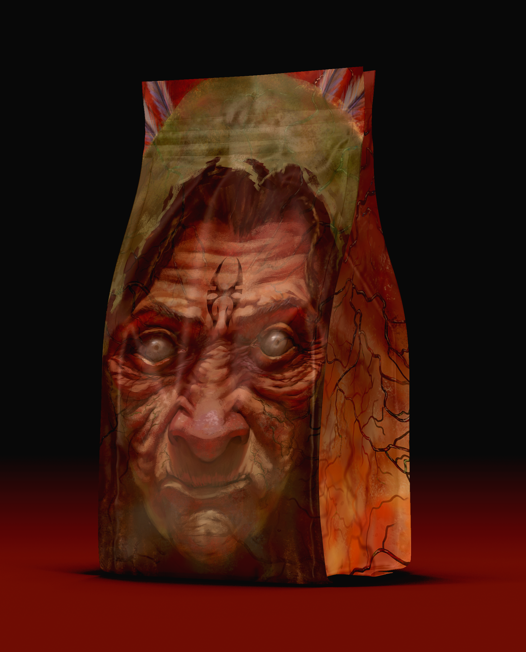 An alternative rear packaging illustration created for the reverse side of the packaging, portraying an elder Indigenous healer whose weathered features symbolize wisdom, resilience, and ancestral knowledge. Inspired by Mayan and Brazilian Indigenous