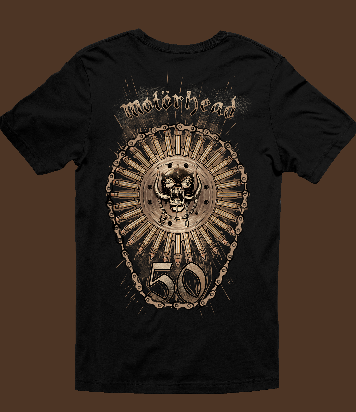 Exclusive commemorative T-shirt created to celebrate Motörhead's 50th anniversary, expanding the brand identity into limited-edition merchandise.
