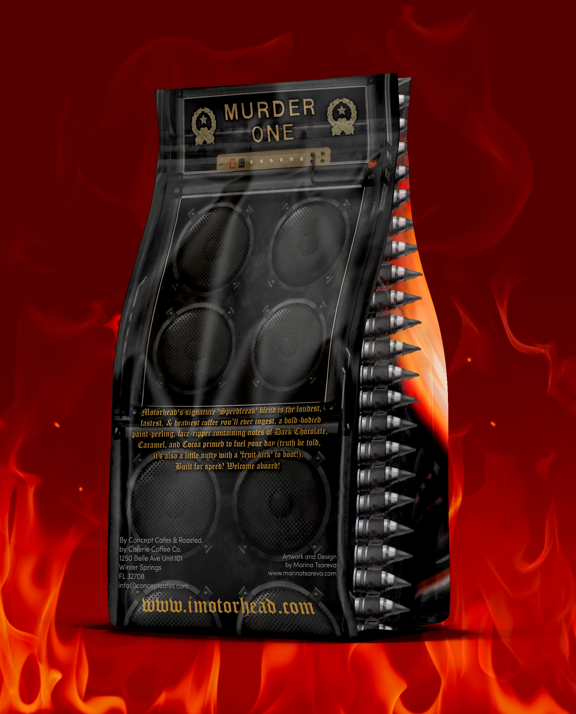 The back of the package features an original illustration of Lemmy Kilmister's iconic Murder One Marshall amplifier stack, extending the visual narrative while reinforcing Motörhead's unmistakable legacy and the brand's authentic identity.